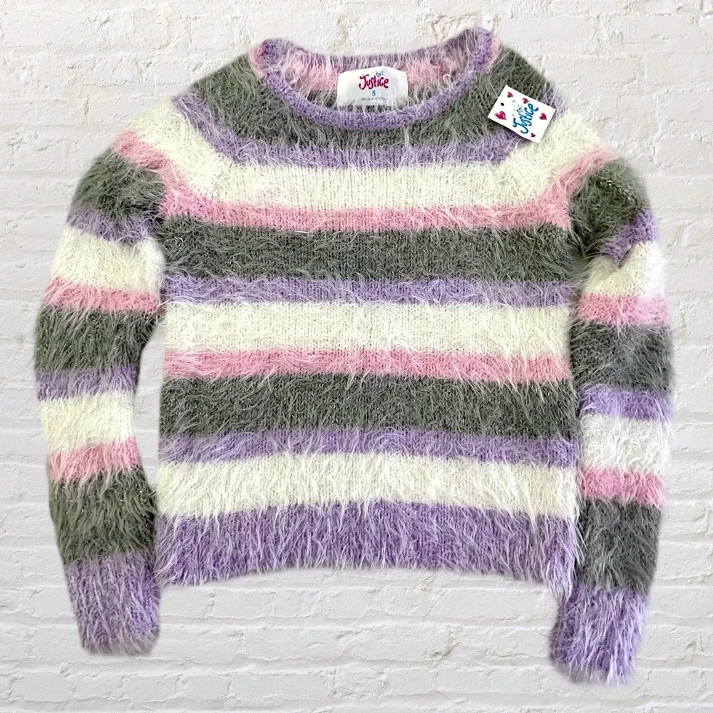 Justice Girls Fuzzy Multicolor Striped Sweater Girls‎ 5 Cozy Soft Preppy NWT